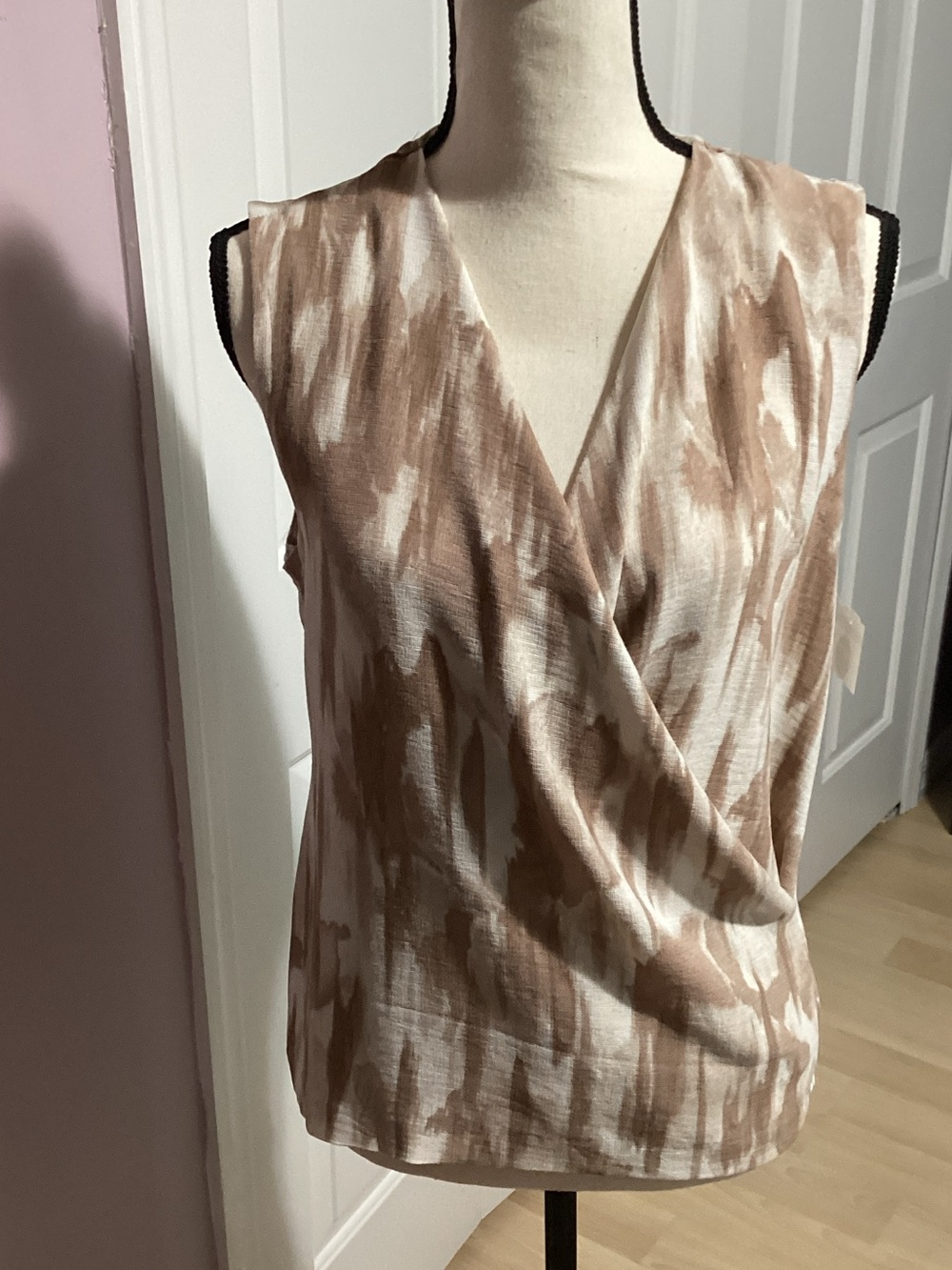 Halogen Beige and White Sleeveless Wrap-Front Blouse